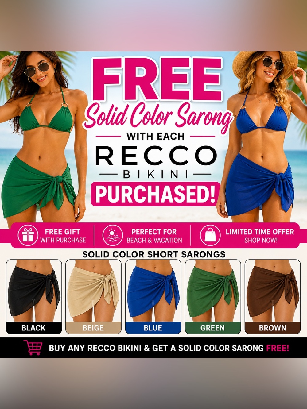 Free Solid Color Swim Sarong With Every Recco Bikini purchased